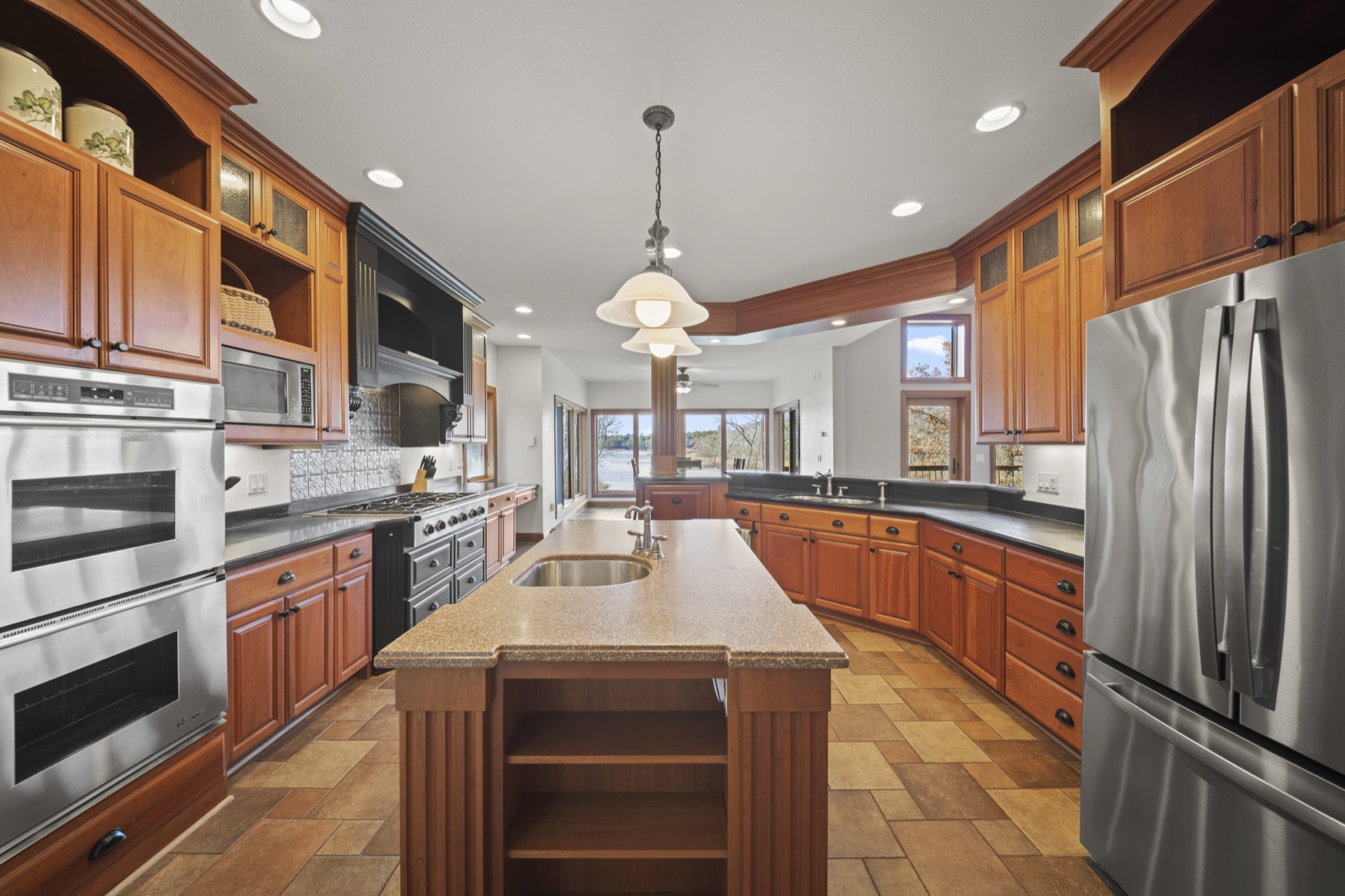 Kitchen overview showing full layout with modern appliances